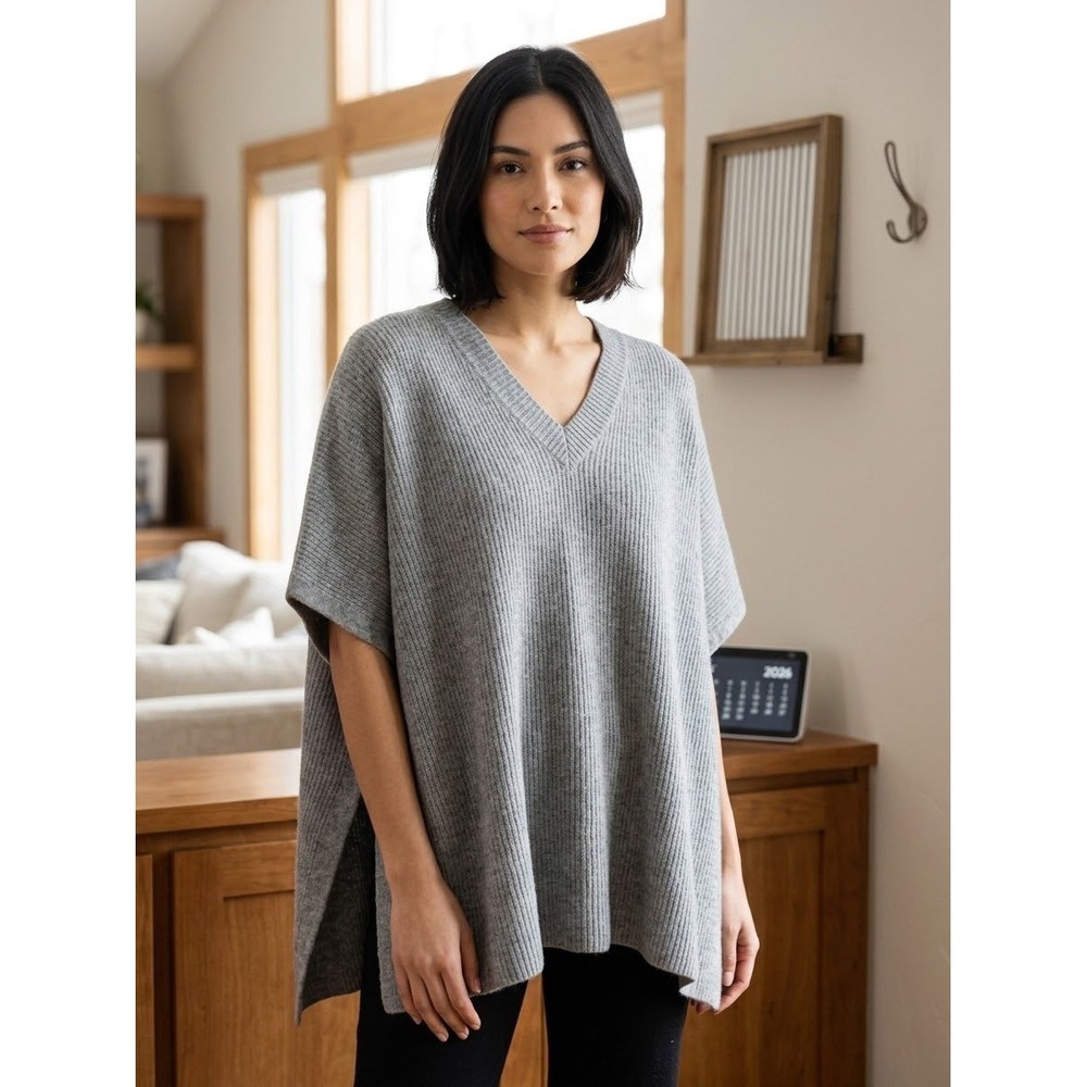 Nordstrom Gray Wool Cashmere Ribbed V-Neck Poncho Sweater One Size
